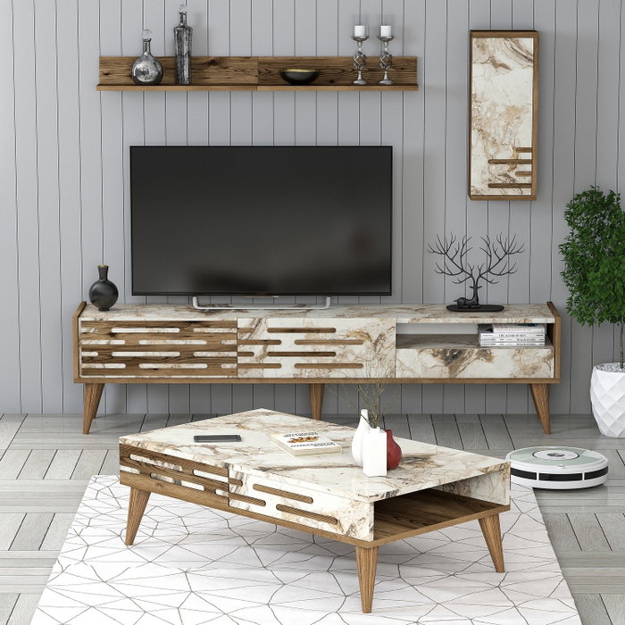 Hanah Home Valensiya Conjunto de Muebles de Salón Nogal, Blanco y Mármol